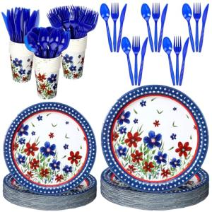 Yungyan 150Pcs 4th of July Poppy Flower Tableware Set for 25 Guest 250th Anniversary Patriotic Red White Blue Watercolor Disposable Plate Cup Knive Spoon for Independence Memorial Day Party Decoration