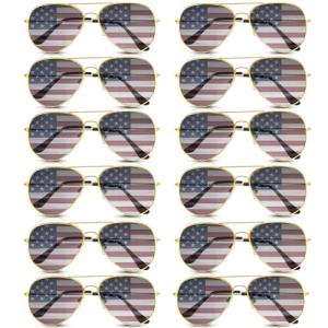 Mepase 12 Pack Flag Sunglasses Bulk American 4th of July Patriotic Sunglasses for Mens Women(Gold Frame)