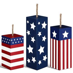 Weysat 3 Pcs 4th of July Wood Firecracker Decorations Patriotic Table Centerpieces Glitter Red White Blue Star Firework Tabletop Sign 250th Anniversary American Flag Tiered Tray Decor for Home