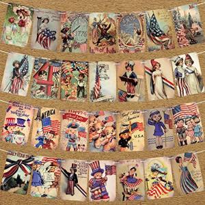 Ctosree 4 Pieces Vintage 4th of July Banners Patriotic Party Decorations Independence Day Memorial Day Veterans Day Banner Bunting Hanging Garland for Mantel Fireplace Indoor Outdoor