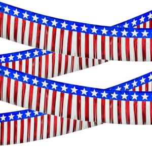4 Packs 39Ft 4th of July Parade Floats Foil Fringe, Each 10 ft x 15'' American Flag Stripes and Stars Tinsel Patriotic foil Fringe Garland for 4th of July Trailer Car Graduation Homecoming Party