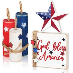 Amyhill 5 Pcs 4th of July Table Decoration Patriotic Memorial Day Table Centerpieces 250th Anniversary Tabletop Decorations Rustic Independence Day Wood Firework Star Signs Red White Blue Home Decor