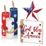 Amyhill 5 Pcs 4th of July Table Decoration Patriotic Memorial Day Table Centerpieces 250th Anniversary Tabletop Decorations Rustic Independence Day Wood Firework Star Signs Red White Blue Home Decor