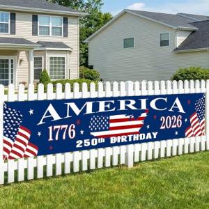 250th Anniversary American Flag Banner - 4th of July Decorations - 120"x20" 250th Anniversary Flag Banner Independence Day Patriotic Fourth of July with Ribbon Tie for Indoor Outdoor Decor