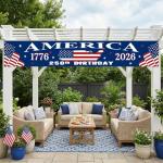 250th Anniversary American Flag Banner - 4th of July Decorations - 120"x20" 250th Anniversary Flag Banner Independence Day Patriotic Fourth of July with Ribbon Tie for Indoor Outdoor Decor