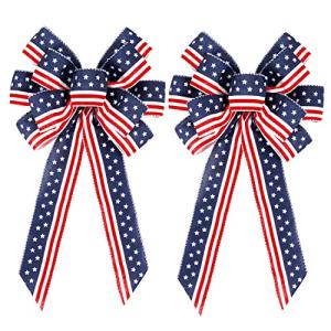 2 Pack 4th of July Decor Bow for Wreath,Red White Blue Stripe Stars Tree Topper Bows for Patriotic,Independence Day,Memorial Day,Veteran's Day,Front Door Indoor Outdoor Decorations