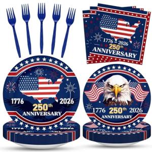 100 Pcs 250th Anniversary Party Supplies - Serves 25, Red White Blue Disposable Tableware, Includes Paper Plates, Napkins, Plastic Forks for 1776-2026 Patriotic Decor, Independence Day, 4th of July