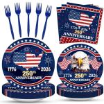 100 Pcs 250th Anniversary Party Supplies - Serves 25, Red White Blue Disposable Tableware, Includes Paper Plates, Napkins, Plastic Forks for 1776-2026 Patriotic Decor, Independence Day, 4th of July