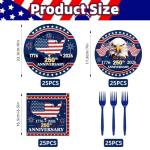 100 Pcs 250th Anniversary Party Supplies - Serves 25, Red White Blue Disposable Tableware, Includes Paper Plates, Napkins, Plastic Forks for 1776-2026 Patriotic Decor, Independence Day, 4th of July