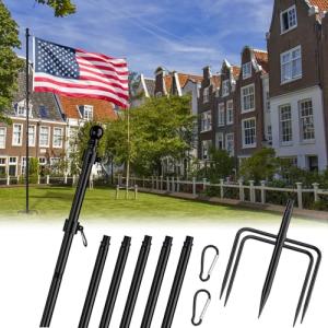 FIASON 8 FT Tangle Free Flag Pole in Ground, Thickened Stainless Steel with 5 Prongs Base, Heavy Duty Flag Pole Holder, Flagpole Kit for Residential or Commercial (1 Pack, Black, Without Flag)