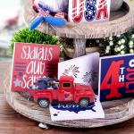 4th of July Decorations Farmhouse Metal Truck with Wooden Stars Patriotic Table Centerpiece 250th Anniversary Independence Day Tabletop Decor Memorial Day Red White and Blue Tiered Tray Decor for Home