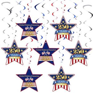 Crtiin 250th Anniversary USA Hanging Swirls Decorations 18 Pcs Red White Blue 250 Years Patriotic Ceiling Streamers 4th of July Hanging Ornaments with Star for American Anniversary Independence Day