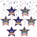 Crtiin 250th Anniversary USA Hanging Swirls Decorations 18 Pcs Red White Blue 250 Years Patriotic Ceiling Streamers 4th of July Hanging Ornaments with Star for American Anniversary Independence Day