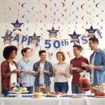 Crtiin 250th Anniversary USA Hanging Swirls Decorations 18 Pcs Red White Blue 250 Years Patriotic Ceiling Streamers 4th of July Hanging Ornaments with Star for American Anniversary Independence Day