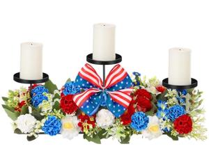 Mumufy 18.5" Big 250th Anniversary Patriotic Table Centerpiece Decor, 4th of July Candle Holder Red White and Blue Artificial Flower Wreath Ring USA American for Memorial Day(Elegant Style)