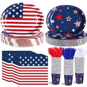 Singhoow 350 Pieces Patriotic Party Supplies 4th of July Party Tableware Set for 50 Guests Include Oval Dinner Plates Dessert Plates USA Napkins Paper Cups Red White Blue Plastic Forks Spoons Knives