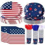 Singhoow 350 Pieces Patriotic Party Supplies 4th of July Party Tableware Set for 50 Guests Include Oval Dinner Plates Dessert Plates USA Napkins Paper Cups Red White Blue Plastic Forks Spoons Knives