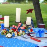 Mumufy 18.5" Big 250th Anniversary Patriotic Table Centerpiece Decor, 4th of July Candle Holder Red White and Blue Artificial Flower Wreath Ring USA American for Memorial Day(Elegant Style)