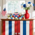 Mumufy 18.5" Big 250th Anniversary Patriotic Table Centerpiece Decor, 4th of July Candle Holder Red White and Blue Artificial Flower Wreath Ring USA American for Memorial Day(Elegant Style)