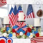 Mumufy 18.5" Big 250th Anniversary Patriotic Table Centerpiece Decor, 4th of July Candle Holder Red White and Blue Artificial Flower Wreath Ring USA American for Memorial Day(Elegant Style)