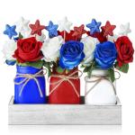 Nuogo 28pcs 4th of July Decorations Patriotic Mason Jar Table Centerpiece with Flowers Star Ornaments Red Blue White Mason Jars Decor Memorial Day Independence Day Party Table Decorations Gift