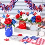 Nuogo 28pcs 4th of July Decorations Patriotic Mason Jar Table Centerpiece with Flowers Star Ornaments Red Blue White Mason Jars Decor Memorial Day Independence Day Party Table Decorations Gift