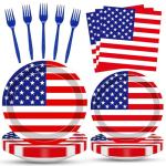 100 Pcs USA Flag Tableware Set – Serves 25, Red White Blue Disposable Party Supplies, Includes Paper Plates, Napkins, and Plastic Forks for Independence Day, 4th of July, Patriotic Table Decorations