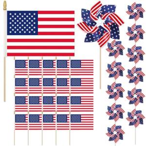 Pack of 32, USA Wind Spinners & Handheld Flags – 12 American Flag Pinwheels and 20 Small Wooden Flag Sticks with Gold Spear Top, Patriotic Decoration for 4th of July, Parades, Outdoor Yard Garden Lawn