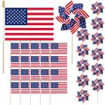 Pack of 32, USA Wind Spinners & Handheld Flags – 12 American Flag Pinwheels and 20 Small Wooden Flag Sticks with Gold Spear Top, Patriotic Decoration for 4th of July, Parades, Outdoor Yard Garden Lawn