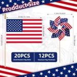 Pack of 32, USA Wind Spinners & Handheld Flags – 12 American Flag Pinwheels and 20 Small Wooden Flag Sticks with Gold Spear Top, Patriotic Decoration for 4th of July, Parades, Outdoor Yard Garden Lawn
