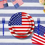 100 Pcs USA Flag Tableware Set – Serves 25, Red White Blue Disposable Party Supplies, Includes Paper Plates, Napkins, and Plastic Forks for Independence Day, 4th of July, Patriotic Table Decorations