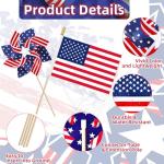 Pack of 32, USA Wind Spinners & Handheld Flags – 12 American Flag Pinwheels and 20 Small Wooden Flag Sticks with Gold Spear Top, Patriotic Decoration for 4th of July, Parades, Outdoor Yard Garden Lawn