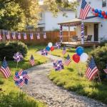 Pack of 32, USA Wind Spinners & Handheld Flags – 12 American Flag Pinwheels and 20 Small Wooden Flag Sticks with Gold Spear Top, Patriotic Decoration for 4th of July, Parades, Outdoor Yard Garden Lawn