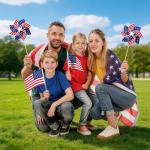 Pack of 32, USA Wind Spinners & Handheld Flags – 12 American Flag Pinwheels and 20 Small Wooden Flag Sticks with Gold Spear Top, Patriotic Decoration for 4th of July, Parades, Outdoor Yard Garden Lawn