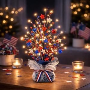 CRCZK 4th of July Table Tree Decorations with LEDs, 250 Anniversary USA Independence Day Table Centerpiece,Rustic Farmhouse Memorial Day Decorations Patriotic Decorations Red White Blue Decoration
