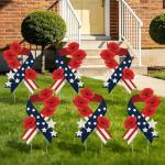 LawnIdyll 6Pcs Memorial Day Yard Signs with Metal Stakes, Patriotic American Flag Poppy Flower Ribbon Outdoor Decorations, Double Sided Waterproof Lawn Garden Decor for Veterans Day Cemetery Tribute