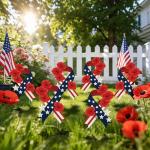 LawnIdyll 6Pcs Memorial Day Yard Signs with Metal Stakes, Patriotic American Flag Poppy Flower Ribbon Outdoor Decorations, Double Sided Waterproof Lawn Garden Decor for Veterans Day Cemetery Tribute