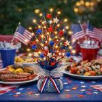 CRCZK 4th of July Table Tree Decorations with LEDs, 250 Anniversary USA Independence Day Table Centerpiece,Rustic Farmhouse Memorial Day Decorations Patriotic Decorations Red White Blue Decoration