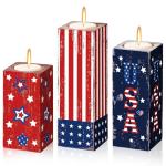 Suzile 3 Pcs 4th of July Decorations Patriotic 250th Anniversary Wood Candle Holders Independence Day Centerpieces Memorial Day Tabletop Sign for Indoor Home Fireplace Mantel Holiday Party(Firework)
