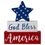 MEETYAMOR 4th of July Decorations, Memorial Day God Bless America Wooden Block Sign with Star, 250th Anniversary Patriotic Independence Day Decor for The Home Tiered Tray Shelf Table Tabletop Mantel