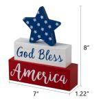 MEETYAMOR 4th of July Decorations, Memorial Day God Bless America Wooden Block Sign with Star, 250th Anniversary Patriotic Independence Day Decor for The Home Tiered Tray Shelf Table Tabletop Mantel