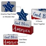 MEETYAMOR 4th of July Decorations, Memorial Day God Bless America Wooden Block Sign with Star, 250th Anniversary Patriotic Independence Day Decor for The Home Tiered Tray Shelf Table Tabletop Mantel
