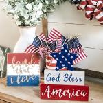 MEETYAMOR 4th of July Decorations, Memorial Day God Bless America Wooden Block Sign with Star, 250th Anniversary Patriotic Independence Day Decor for The Home Tiered Tray Shelf Table Tabletop Mantel