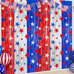 4 Pack 4th of July Foil Fringe Curtains 3.3 x 6.6 Ft Patriotic Party Tinsel Curtain Backdrop Red Blue Silver Stars Metallic Foil Streamer Photo Booth Prop for Memorial Day Independence Day Wall Decor