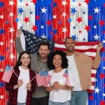 4 Pack 4th of July Foil Fringe Curtains 3.3 x 6.6 Ft Patriotic Party Tinsel Curtain Backdrop Red Blue Silver Stars Metallic Foil Streamer Photo Booth Prop for Memorial Day Independence Day Wall Decor