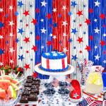 4 Pack 4th of July Foil Fringe Curtains 3.3 x 6.6 Ft Patriotic Party Tinsel Curtain Backdrop Red Blue Silver Stars Metallic Foil Streamer Photo Booth Prop for Memorial Day Independence Day Wall Decor