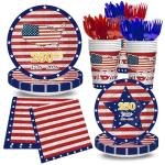 Bzhouyy Patriotic Party Supplies for 24 Guests, 168PCS Memorial Day & 4th of July Decorations, American Flag Disposable Tableware Set with Plates Cups Napkins Cutlery, 250th Anniversary Party Kit