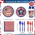Bzhouyy Patriotic Party Supplies for 24 Guests, 168PCS Memorial Day & 4th of July Decorations, American Flag Disposable Tableware Set with Plates Cups Napkins Cutlery, 250th Anniversary Party Kit