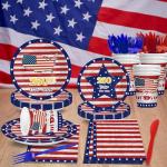 Bzhouyy Patriotic Party Supplies for 24 Guests, 168PCS Memorial Day & 4th of July Decorations, American Flag Disposable Tableware Set with Plates Cups Napkins Cutlery, 250th Anniversary Party Kit