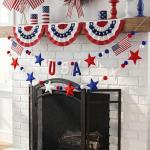 Mindsoft 2 Pcs American Anniversary Felt Banner 250th Patriotic 4th of July USA Pom Pom Garland Star Flag Red Blue White Garland Hanging Ball Ornaments for Independence Memorial Party Decoration